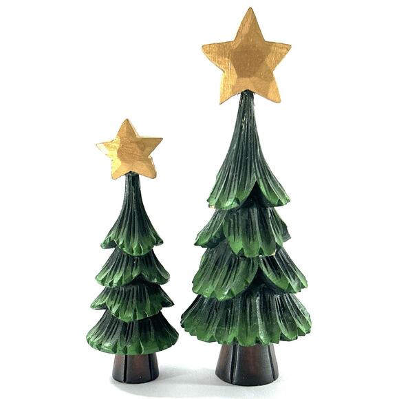 Set of 2 Delton Wooden Christmas Trees Hand Carved Folk Art 5” & 7” Holiday - Picture 1 of 5